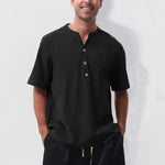 Buddha Stones Summer Casual Mandarin Collar Solid Half Buttons Cotton Linen Men's Short Sleeve Shirts