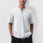 Buddha Stones Summer Casual Mandarin Collar Solid Half Buttons Cotton Linen Men's Short Sleeve Shirts