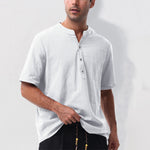 Buddha Stones Summer Casual Mandarin Collar Solid Half Buttons Cotton Linen Men's Short Sleeve Shirts
