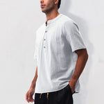 Buddha Stones Summer Casual Mandarin Collar Solid Half Buttons Cotton Linen Men's Short Sleeve Shirts