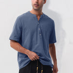 Buddha Stones Summer Casual Mandarin Collar Solid Half Buttons Cotton Linen Men's Short Sleeve Shirts