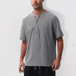 Buddha Stones Summer Casual Mandarin Collar Solid Half Buttons Cotton Linen Men's Short Sleeve Shirts