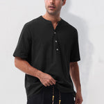 Buddha Stones Summer Casual Mandarin Collar Solid Half Buttons Cotton Linen Men's Short Sleeve Shirts