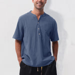 Buddha Stones Summer Casual Mandarin Collar Solid Half Buttons Cotton Linen Men's Short Sleeve Shirts