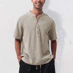 Buddha Stones Summer Casual Mandarin Collar Solid Half Buttons Cotton Linen Men's Short Sleeve Shirts