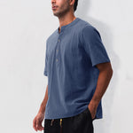 Buddha Stones Summer Casual Mandarin Collar Solid Half Buttons Cotton Linen Men's Short Sleeve Shirts