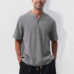 Buddha Stones Summer Casual Mandarin Collar Solid Half Buttons Cotton Linen Men's Short Sleeve Shirts