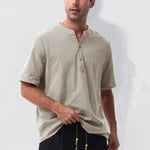 Buddha Stones Summer Casual Mandarin Collar Solid Half Buttons Cotton Linen Men's Short Sleeve Shirts
