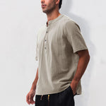 Buddha Stones Summer Casual Mandarin Collar Solid Half Buttons Cotton Linen Men's Short Sleeve Shirts