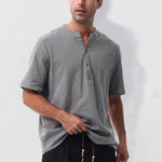 Buddha Stones Summer Casual Mandarin Collar Solid Half Buttons Cotton Linen Men's Short Sleeve Shirts