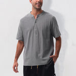 Buddha Stones Summer Casual Mandarin Collar Solid Half Buttons Cotton Linen Men's Short Sleeve Shirts