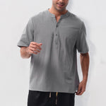 Buddha Stones Summer Casual Mandarin Collar Solid Half Buttons Cotton Linen Men's Short Sleeve Shirts