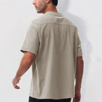 Buddha Stones Summer Casual Mandarin Collar Solid Half Buttons Cotton Linen Men's Short Sleeve Shirts