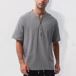 Buddha Stones Summer Casual Mandarin Collar Solid Half Buttons Cotton Linen Men's Short Sleeve Shirts