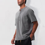 Buddha Stones Summer Casual Mandarin Collar Solid Half Buttons Cotton Linen Men's Short Sleeve Shirts