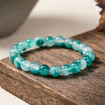 Buddha Stones White Chalcedony Emotional Balance Blue Floral Round Bead Bracelet
