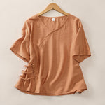 Buddha Stones Summer Casual Minimalist V-Neck Solid Decorative Button Women's Short Sleeve T-Shirts