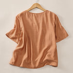Buddha Stones Summer Casual Minimalist V-Neck Solid Decorative Button Women's Short Sleeve T-Shirts
