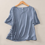Buddha Stones Summer Casual Minimalist V-Neck Solid Decorative Button Women's Short Sleeve T-Shirts