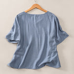 Buddha Stones Summer Casual Minimalist V-Neck Solid Decorative Button Women's Short Sleeve T-Shirts