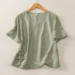 Buddha Stones Summer Casual Minimalist V-Neck Solid Decorative Button Women's Short Sleeve T-Shirts