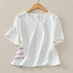 Buddha Stones Summer Casual Minimalist V-Neck Solid Decorative Button Women's Short Sleeve T-Shirts