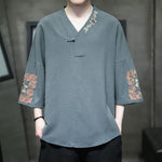 Buddha Stones Summer Tang Style Embroidery V-Neck One Frog Button Floral Men's Short Sleeve Shirts