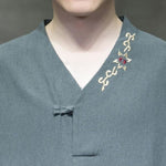 Buddha Stones Summer Tang Style Embroidery V-Neck One Frog Button Floral Men's Short Sleeve Shirts