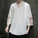 Buddha Stones Summer Tang Style Embroidery V-Neck One Frog Button Floral Men's Short Sleeve Shirts