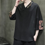 Buddha Stones Summer Tang Style Embroidery V-Neck One Frog Button Floral Men's Short Sleeve Shirts