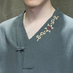 Buddha Stones Summer Tang Style Embroidery V-Neck One Frog Button Floral Men's Short Sleeve Shirts