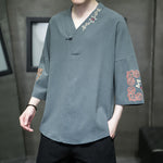 Buddha Stones Summer Tang Style Embroidery V-Neck One Frog Button Floral Men's Short Sleeve Shirts