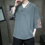 Buddha Stones Summer Tang Style Embroidery V-Neck One Frog Button Floral Men's Short Sleeve Shirts