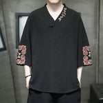 Buddha Stones Summer Tang Style Embroidery V-Neck One Frog Button Floral Men's Short Sleeve Shirts