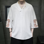 Buddha Stones Summer Tang Style Embroidery V-Neck One Frog Button Floral Men's Short Sleeve Shirts