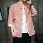 Buddha Stones Summer Tang Style Mandarin Collar Color Blocking Frog Button Men's Short Sleeve Shirts With Pockets