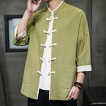 Buddha Stones Summer Tang Style Mandarin Collar Color Blocking Frog Button Men's Short Sleeve Shirts With Pockets
