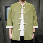 Buddha Stones Summer Tang Style Mandarin Collar Color Blocking Frog Button Men's Short Sleeve Shirts With Pockets