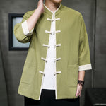 Buddha Stones Summer Tang Style Mandarin Collar Color Blocking Frog Button Men's Short Sleeve Shirts With Pockets