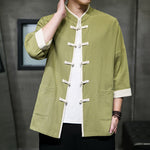 Buddha Stones Summer Tang Style Mandarin Collar Color Blocking Frog Button Men's Short Sleeve Shirts With Pockets