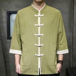 Buddha Stones Summer Tang Style Mandarin Collar Color Blocking Frog Button Men's Short Sleeve Shirts With Pockets