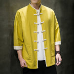 Buddha Stones Summer Tang Style Mandarin Collar Color Blocking Frog Button Men's Short Sleeve Shirts With Pockets
