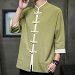Buddha Stones Summer Tang Style Mandarin Collar Color Blocking Frog Button Men's Short Sleeve Shirts With Pockets