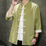 Buddha Stones Summer Tang Style Mandarin Collar Color Blocking Frog Button Men's Short Sleeve Shirts With Pockets