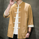 Buddha Stones Summer Tang Style Mandarin Collar Color Blocking Frog Button Men's Short Sleeve Shirts With Pockets
