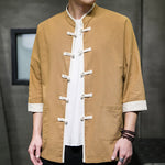 Buddha Stones Summer Tang Style Mandarin Collar Color Blocking Frog Button Men's Short Sleeve Shirts With Pockets