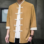 Buddha Stones Summer Tang Style Mandarin Collar Color Blocking Frog Button Men's Short Sleeve Shirts With Pockets