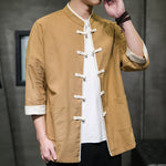 Buddha Stones Summer Tang Style Mandarin Collar Color Blocking Frog Button Men's Short Sleeve Shirts With Pockets