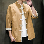 Buddha Stones Summer Tang Style Mandarin Collar Color Blocking Frog Button Men's Short Sleeve Shirts With Pockets