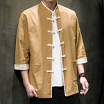 Buddha Stones Summer Tang Style Mandarin Collar Color Blocking Frog Button Men's Short Sleeve Shirts With Pockets